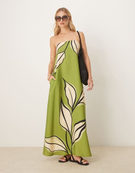 ASOS DESIGN – Zielona sukienka maxi z dekoltem bandeau z tkaniny cupro w abstrakcyjny wzór - view 1