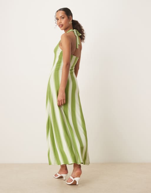 ASOS DESIGN – Zielona sukienka maxi z dekoltem halter w paski, 3 z 4