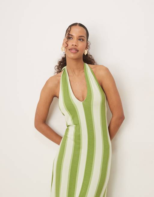 ASOS DESIGN – Zielona sukienka maxi z dekoltem halter w paski, 4 z 4