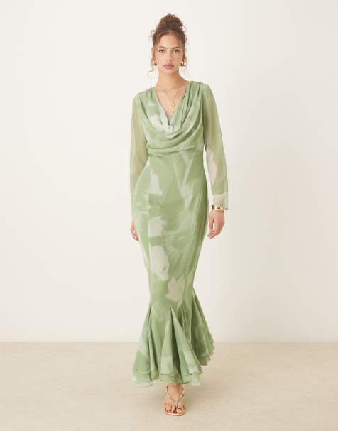 ASOS DESIGN – Zielona sukienka maxi z drapowanym dekoltem i godetami w rozmyty wzór - view 1