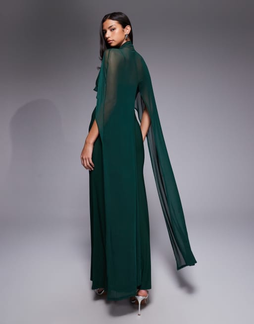ASOS DESIGN – Zielona sukienka maxi z długą pelerynką, 3 z 4