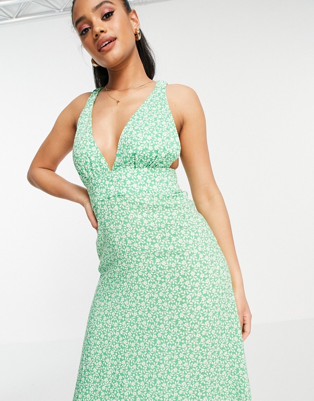 ASOS DESIGN – Zielona sukienka maxi z głębokim dekoltem i drobnym kwiatowym wzorem Green floral print Moda 