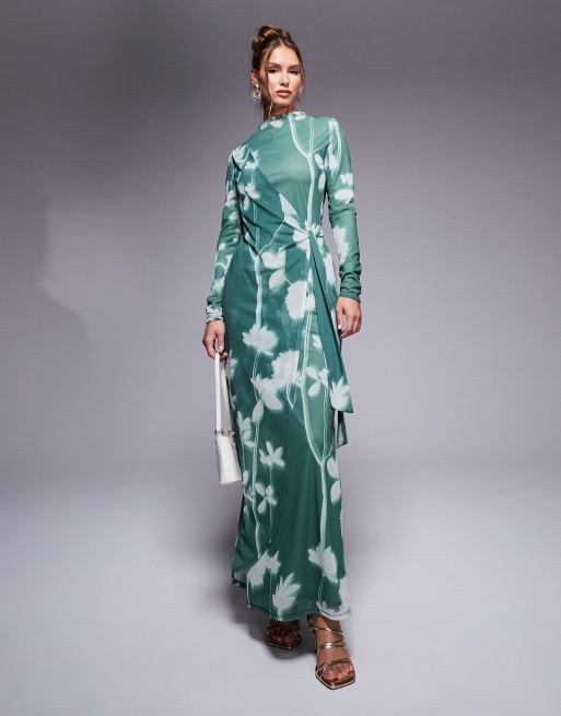 ASOS DESIGN – Zielona sukienka maxi z golfem, długim rękawem i kopertowym wiązaniem w kwiatowy wzór
