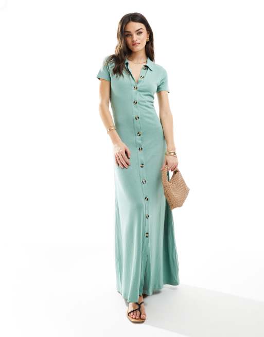 ASOS DESIGN – Zielona sukienka maxi z imitacji lnu z kołnierzykiem i guzikami z przodu