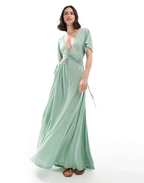 ASOS DESIGN – Zielona sukienka maxi z krótkimi rękawami, dekoltem w szpic i wiązaniem ze sznurka z modalu - view 1
