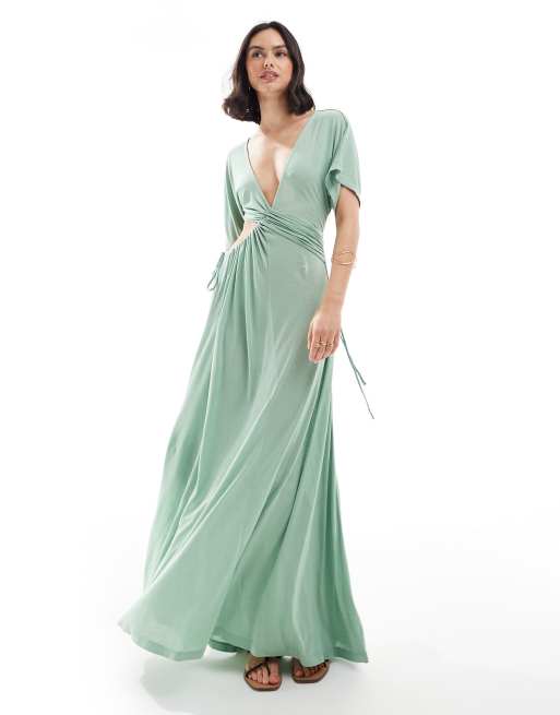 ASOS DESIGN – Zielona sukienka maxi z krótkimi rękawami, dekoltem w szpic i wiązaniem ze sznurka z modalu