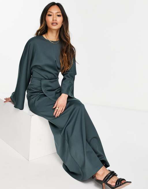 ASOS DESIGN – Zielona sukienka maxi ze skręconym przodem i rozszerzanymi rękawami