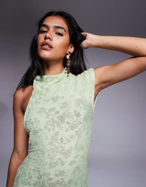 ASOS DESIGN – Zielona sukienka maxi ze wzorem devore i wiązaniem na szyi, 4 z 4