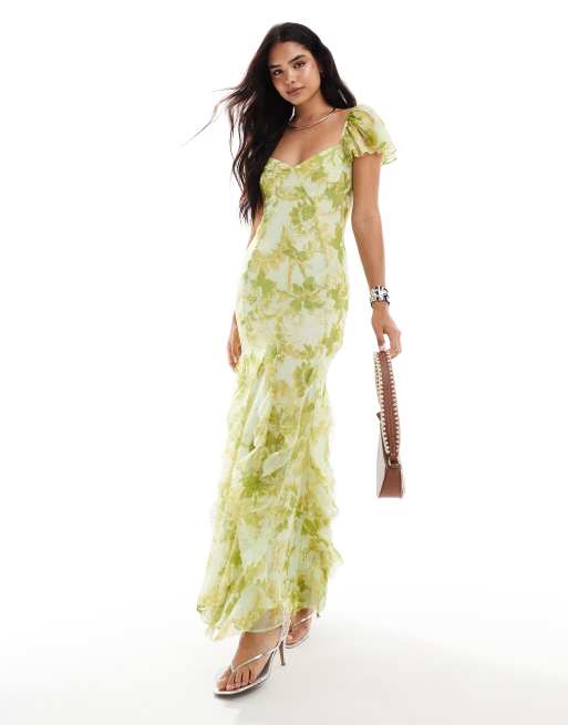 ASOS DESIGN – Zielona sukienka maxi ze zwiewnymi rękawami, godetami z falbanką i kwiatowym wzorem