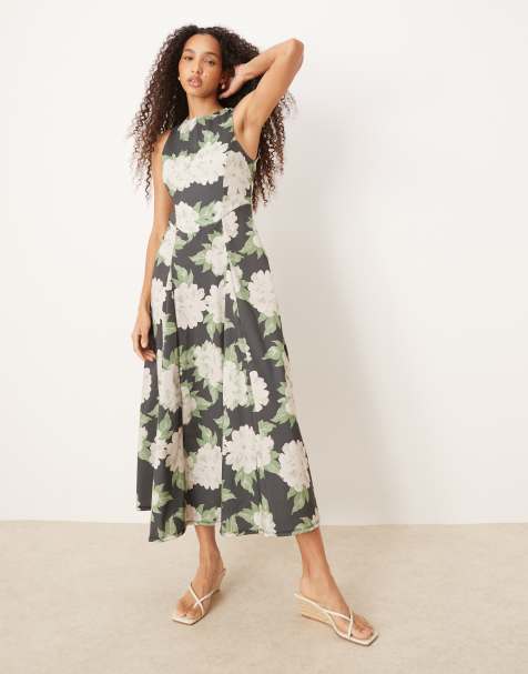 ASOS DESIGN – Zielona sukienka midi bez rękawów z gorsetową talią w kwiatowy wzór - view 1