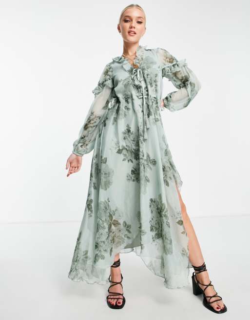 ASOS DESIGN – Zielona sukienka midi w kwiaty z falbanką, głębokim dekoltem i wiązaniem