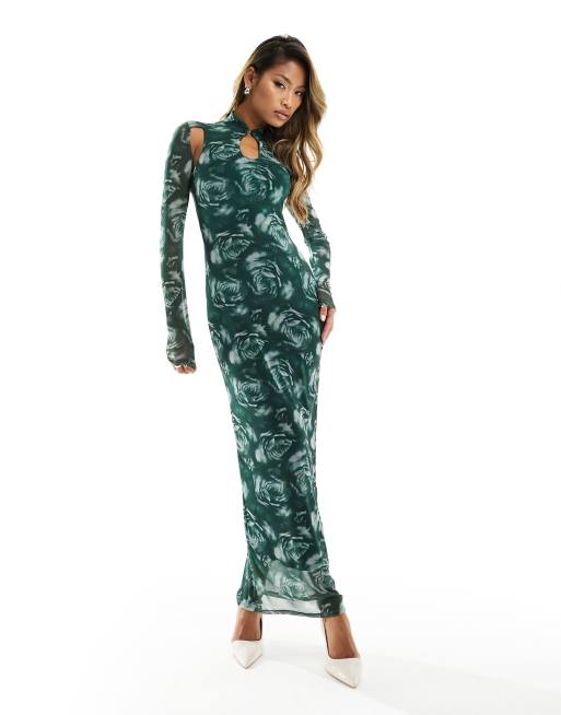 ASOS DESIGN – Zielona sukienka midi we wzór w róże z wycięciem na szyi i długimi rękawami