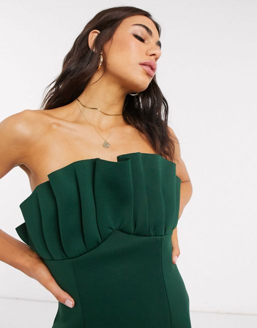 ASOS DESIGN – Zielona sukienka midi z dekoltem typu bandeau z motywem  wachlarza | ASOS