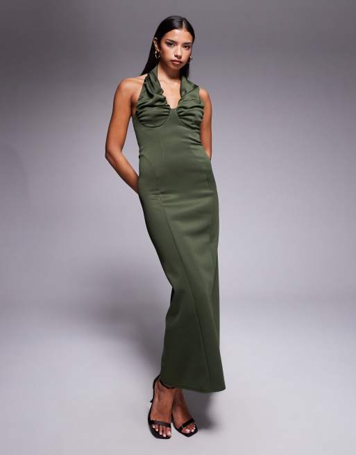 ASOS DESIGN – Zielona sukienka midi z materiału w stylu scuba z dekoltem typu halter i marszczonymi miseczkami