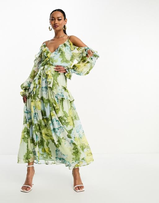 ASOS DESIGN – Zielona sukienka midi z odsłoniętymi ramionami i falbanką w niebieski kwiatowy wzór