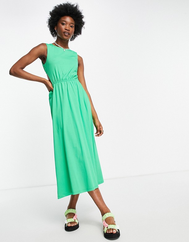  Najnowszy ASOS DESIGN – Zielona sukienka midi z wycięciem na plecach Zieleń