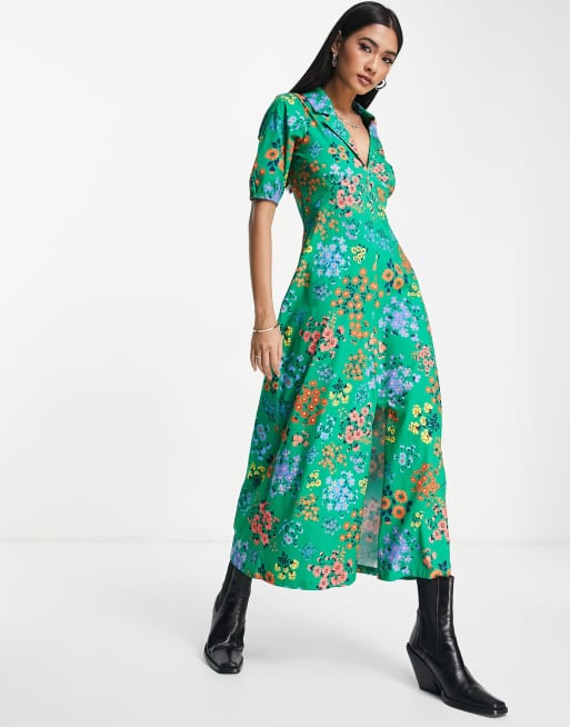 ASOS DESIGN – Zielona sukienka midi z kołnierzem i kwiatowym wzorem