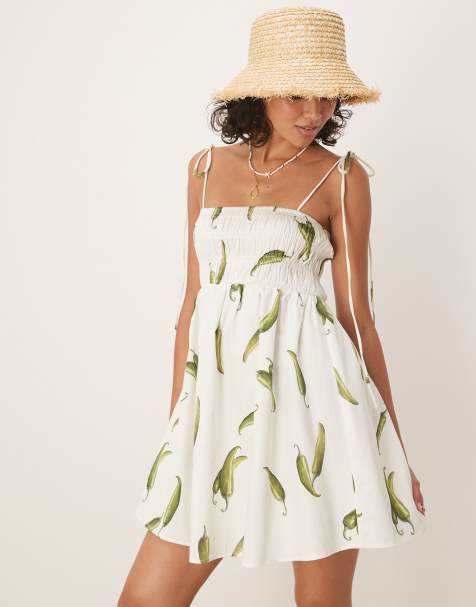 ASOS DESIGN shirred bust cotton poplin mini dress in green chilli print