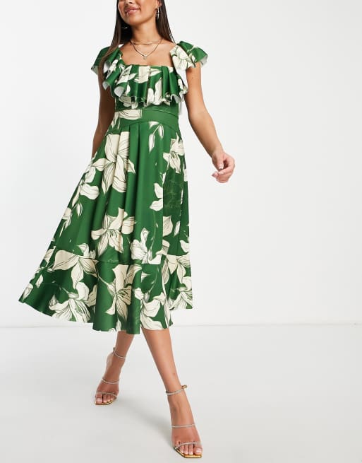 ASOS DESIGN – Zielona sukienka studniówkowa midi z dekoltem karo z dużą falbaną i wzorem w kwiaty