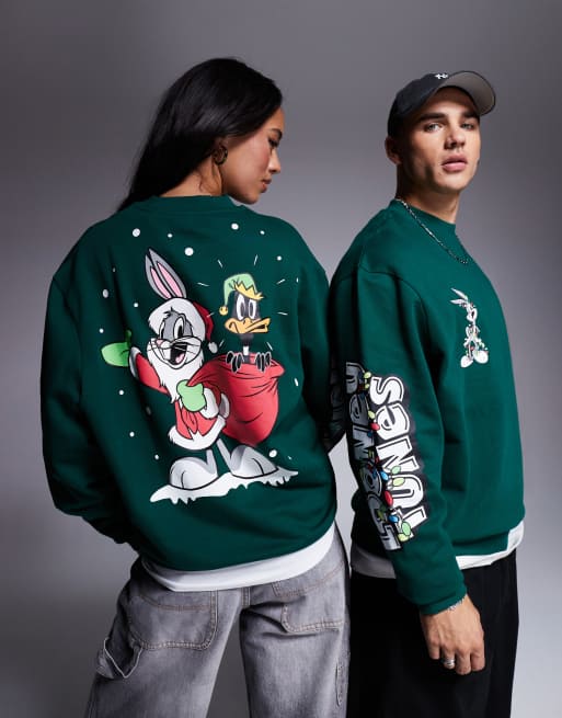ASOS DESIGN – Zielona świąteczna bluza unisex o fasonie oversize z nadrukami Królika Bunny z Looney Tunes