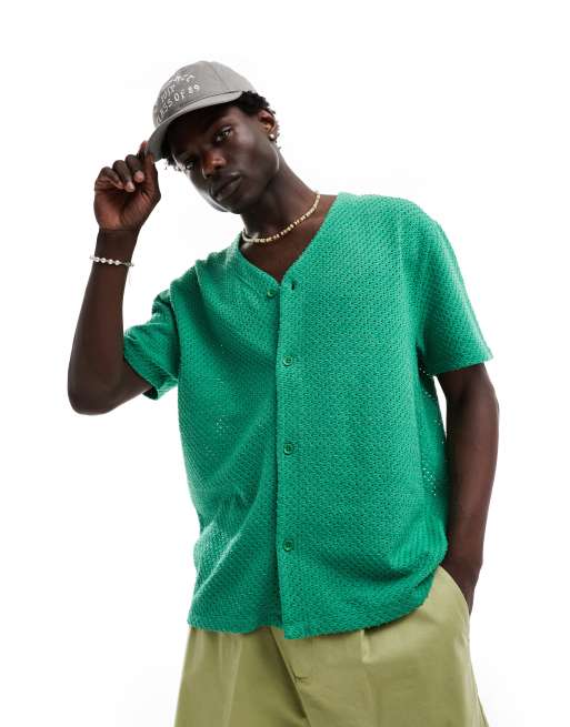 ASOS DESIGN – Zielona teksturowana koszula o luźnym kroju w baseballowym stylu