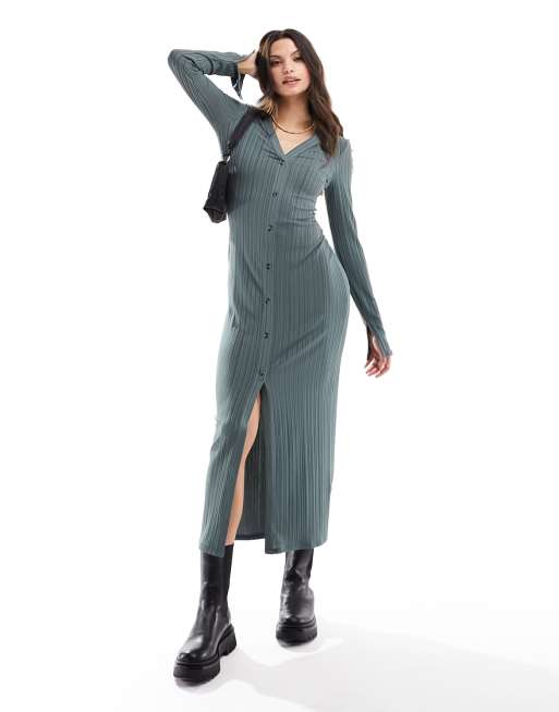 ASOS DESIGN – Zielona teksturowana sukienka maxi o kroju kardiganu zapinana na guziki