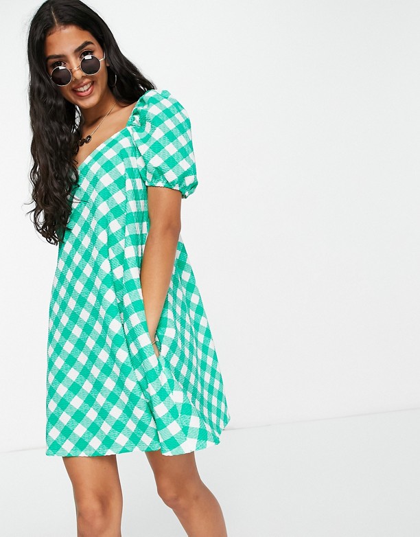  Kup Najlepsze ASOS DESIGN – Zielona teksturowana sukienka mini w kratkę vichy z bufkami Zielona kratka vichy