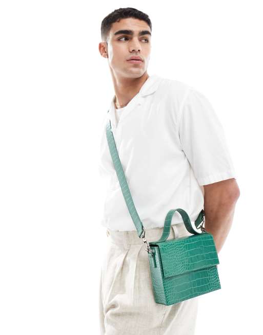 ASOS DESIGN – Zielona torebka crossbody o pudełkowej konstrukcji z imitacji skóry krokodyla