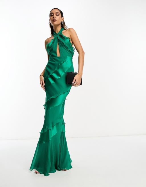 ASOS DESIGN – Zielona wiązana w talii sukienka maxi z falbankami i skręconym dekoltem halter