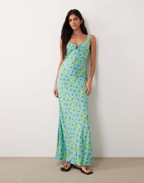 ASOS DESIGN – Zielona wiązana z przodu sukienka midi z dekoltem w kształcie litery U w kwiatowy wzór - view 1