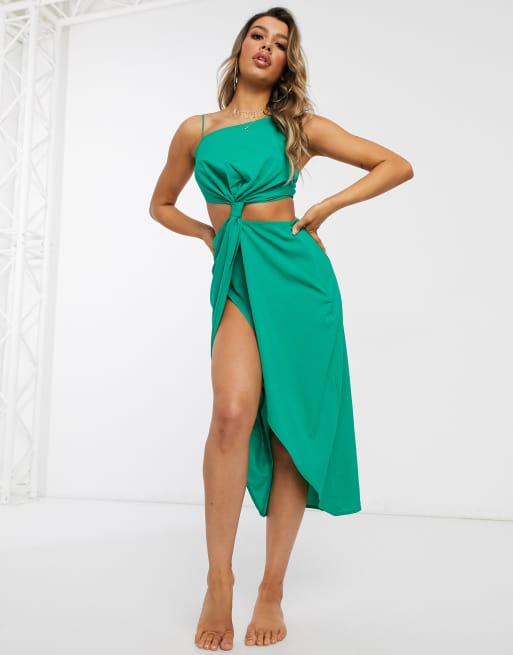 ASOS DESIGN – Zielona wycięta sukienka plażowa z szyfonu z ozdobnym paseczkiem