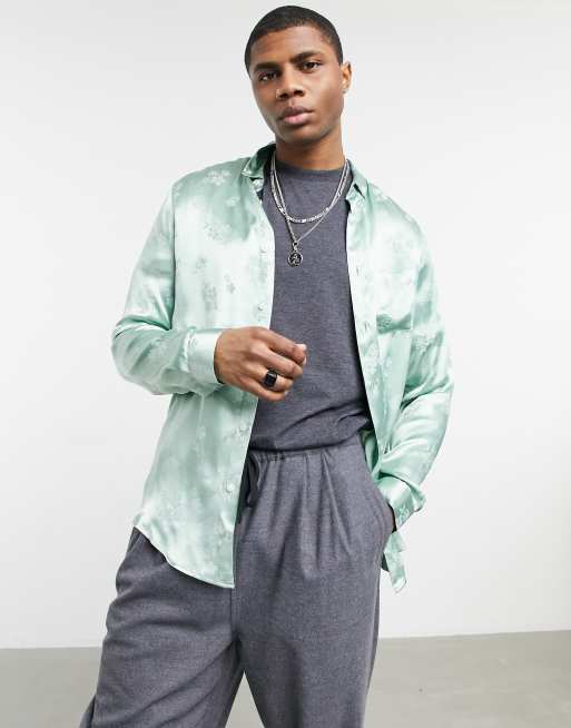 ASOS DESIGN – Zielona żakardowa koszula o regularnym kroju w kwiatowy wzór