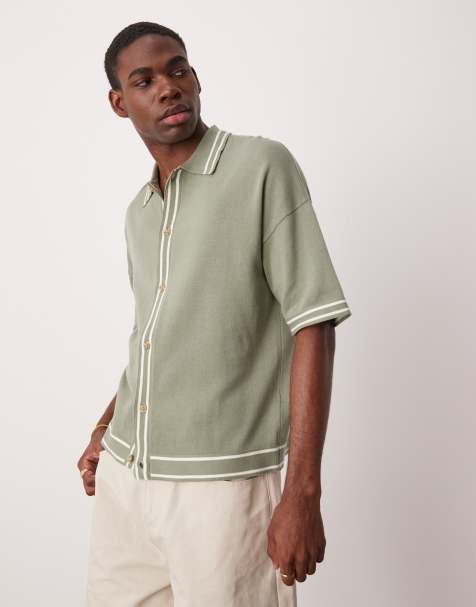 ASOS DESIGN relaxed boxy fit knitted button through polo in sage green with tipping detail