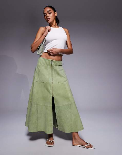 ASOS DESIGN real suede zip front midi skirt in green