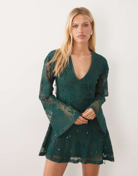 ASOS DESIGN – Zielona zdobiona szydełkowana sukienka mini z głębokim dekoltem i długimi rękawami - view 1