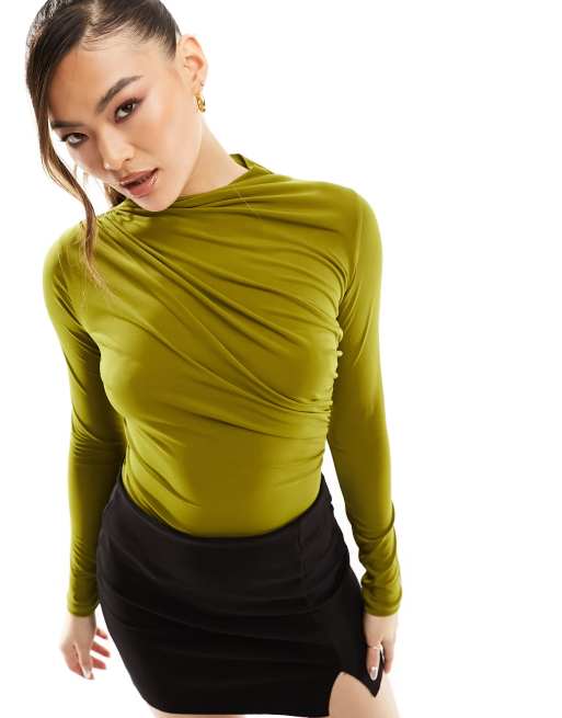 ASOS DESIGN – Zielone dopasowane body z marszczeniem i długimi rękawami