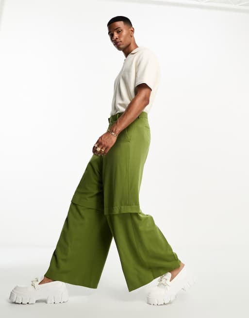 ASOS DESIGN – Zielone eleganckie spodnie dwuwarstwowe z szerokimi nogawkami