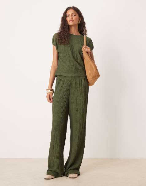 ASOS DESIGN co-ord wide leg textured trouser in green