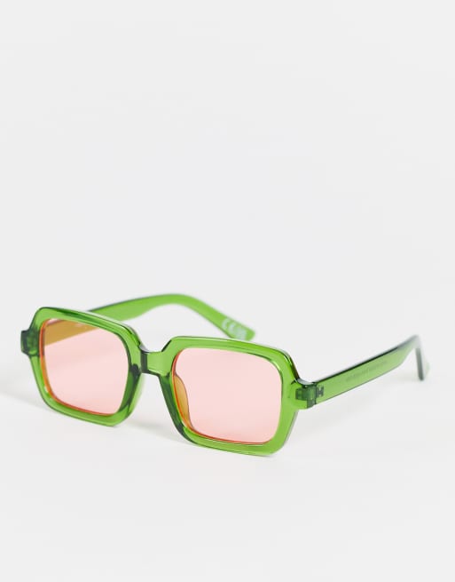 ASOS DESIGN – Zielone kwadratowe okulary przeciwsłoneczne z różowymi szkłami