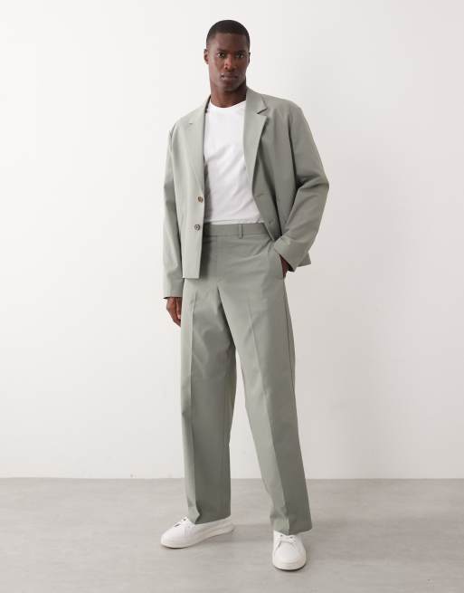 ASOS DESIGN – Zielony prążkowany garnitur o pudełkowym kroju z szerokimi nogawkami, 2 z 3