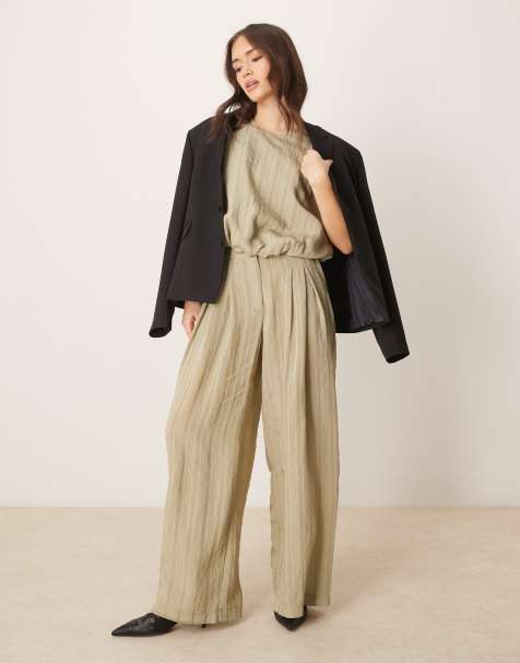ASOS DESIGN wide leg trousers co-ord in green tonal stripe