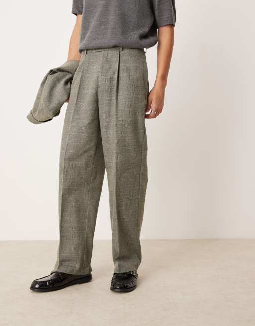ASOS DESIGN – Zielone tweedowe spodnie garniturowe z szerokimi nogawkami i podwyższonym stanem z zakładkami z przodu