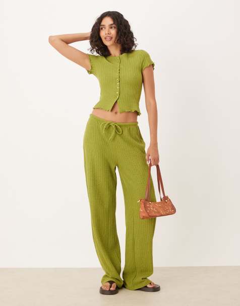 ASOS DESIGN co-ord crochet straight leg trouser with tie waist in green