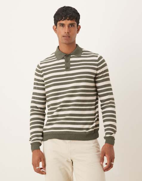 ASOS DESIGN relaxed knitted polo in green and white stripe