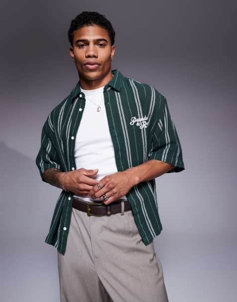 ASOS DESIGN boxy oversized shirt in white and green stripe with chest embroidery 