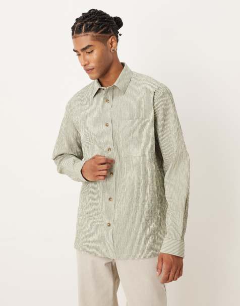 ASOS DESIGN relaxed seersucker shirt in green and white stripe