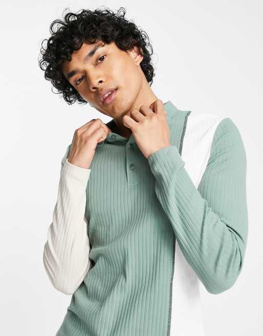 ASOS DESIGN – Zielono-biała prążkowana koszulka polo o obcisłym kroju z kontrastowymi rękawami