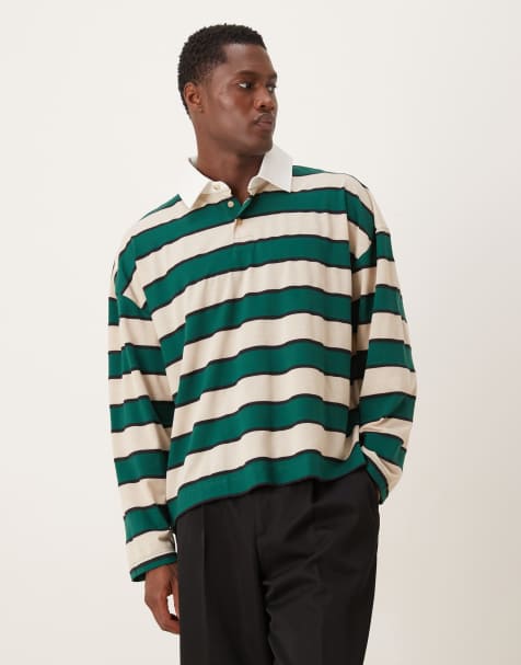ASOS DESIGN boxy oversized long sleeve rugby polo with dropped shoulder in green and white stripe