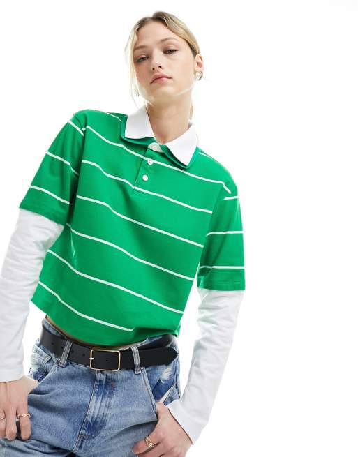 ASOS DESIGN – Zielono-biały dwuwarstwowy top w paski o dopasowanym kroju