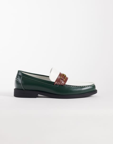 ASOS DESIGN – Zielono-kremowe loafersy penny ze złotą metalową ozdobą - view 1